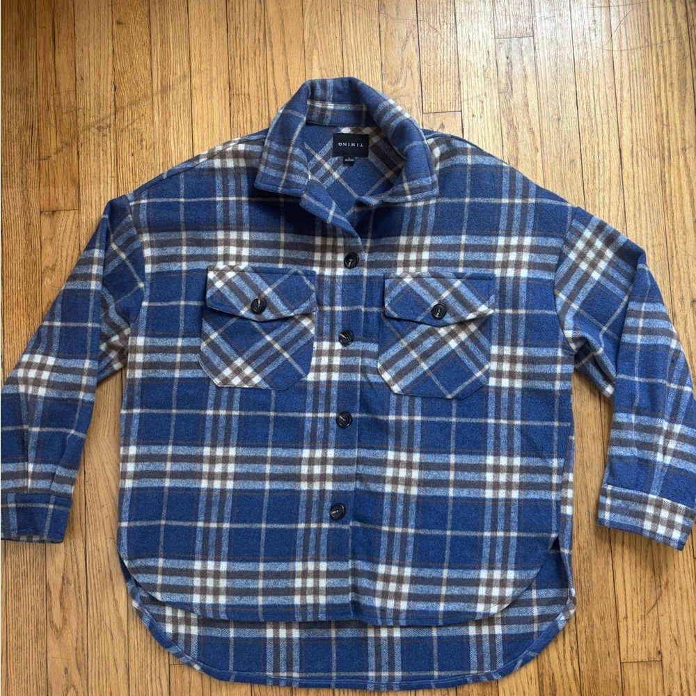 Timing Blue Plaid Wool blend Shirt Jacket with Brown and Cream Accents